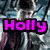 Pixelated image with three text overlays: 'Holly' in purple, 'Luvs' in red, and 'HP' in purple, over a metallic background.