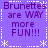 Purple background with repeated text "Brunettes are WAY more FUN!!!" in dark purple, framed by white dotted lines and star shapes.