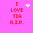 Pink background with red text reading "I LOVE TIA R.I.P." and four distinct white pixelated symbols: a heart, a starburst, a cluster of dots, and an empty space.