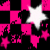 Pixelated static image with black and bright pink checkered background, white star at center, smaller pink stars scattered around.