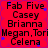 Red background with blue star-like shapes and black text listing names in a