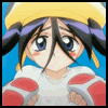 Anime-style character with yellow hat, purple braids, red-and-white shoulder pads, blue background, and shifting facial expression.