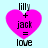Four identical pink heart-shaped icons with black text reading 'lilly + jack = love' on a light blue background, arranged in a