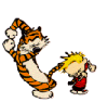 Six sequential poses of a cartoon tiger and boy on gray background, showing dynamic movement from standing to jumping to walking.