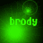 Green pixelated text 'brody' appears with shifting circular light effects above and below the text