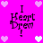 Pixelated pink background with four identical text blocks reading "I Heart Drew!" surrounded by light pink and white heart icons.