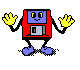 Pixelated character with red body, blue head and feet, yellow hands; one hand raised in greeting gesture across frames.