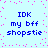 Light blue background with scattered pink pixel dots; four identical text blocks in blue pixelated font reading "IDK my bff shopstie" arranged in a