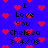 Blue background with red pixel hearts and black text reading "I Love You Chelsea 3/4/08" repeated in a pattern