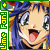 Pixelated anime-style character with blue hair and green eyes, mouth open with tongue out, surrounded by green and yellow text borders.