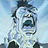 Pixelated anime-style character with wide eyes and open mouth against light blue background, next to black with white text