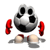 Animated soccer ball character with red gloves and beige boots, performing sequential movements