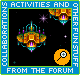 Pixel art icon with blue border displaying 'ACTIVITIES AND OTHER FUN STUFF' text, featuring two orange and teal spaceship-like objects against black background with purple stars.