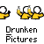 Pixelated yellow figures with white circular heads hold up beer mugs, some with a bright flash effect, under text reading "Drunk Pictures" on gray background.