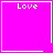 Four identical pink squares with white borders, each containing the word 'Love' at top and a small symbol in bottom-right corner.