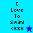 A pixelated graphic with text "I Love To Swim! <333" and a star symbol on blue backgrounds.