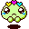 A 4-frame animated contact sheet of a pixel art character with light green body, large eyes, and heart-shaped accessories on its head, showing subtle pose changes across frames.