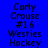 Pixelated text displays 'Carly Crouse #16 Westies Hockey' on four distinct background colors: blue, purple, orange, and dark purple.