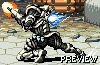 Pixel art of a robotic figure in mid-action, firing an orange projectile from its right arm and emitting blue energy from its left side against a stone-tiled background.