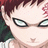 Pixelated anime-style character face with red hair and green eyes on left, blue background with pink text on right.
