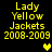 Yellow pixelated text reads 'Lady Yellow Jackets 2008-2009' with a yellow heart symbol on black background, two variations show different heart colors.