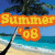 Beach scene with palm trees, blue sky, and ocean waves; orange text overlays read 'Summer '08' on left and 'Can't Wait!' on right.