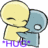 Pixelated static icon of a yellow stick figure hugging a blue object with purple text "HUG" below, on transparent background.