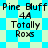 Pixelated text and patterned background in cyan and light green, with repeated phrases 'Pine Bluff', '4A', 'Totally', 'Roxs' across two distinct layouts.