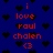 Blue background with black heart shapes and red text reading 'i love raul chalen <3' in pixelated font.