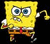 Pixelated yellow cartoon character with large blue eyes, red tie, brown shorts, and white gloves holding a golden object against black background.