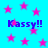 Blue background with pink stars and repeated 'Kassy!!' text in blue pixelated font.