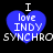 Four blue heart-shaped icons with white text "I love INDY" and gray text "SYNCHRO" below, arranged in a on black background