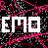 Pixelated text 'EMO' repeated four times on a dark, pink and black patterned background with green color changes.
