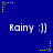 Blue background with repeated "Rainy :]]" text and yellow/grey star-shaped icons with dotted trails in a pattern