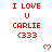 Red pixelated text and hearts on white background with gray bottom-right corner, showing repeated 'I LOVE U CARLIE <333' text and heart symbols in a