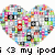 Heart-shaped pixel art composed of multicolored blocks with black text 'i <3 my ipod' below, featuring red and white elements within the heart.