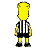 Animated contact sheet of a yellow cartoon character in black-and-white striped referee uniform performing various poses and actions across 25 sampled frames arranged in a 5x5 grid.