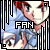 Pixelated anime-style character with red hair and blue clothing, displayed in a with 'FAN' text variations across frames