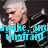 A pixelated image of a person with short white hair in black and silver striped clothing, showing text overlay changes across frames.