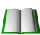 A green-bordered open book icon with pages turning through , showing page shadows and curvature changes