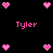 Pixelated pink hearts and the name 'Tyler' appear on a black background in two mirrored arrangements with no visible motion changes.