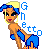 Pixel art buddy icon split into two sections: left side shows a cartoon woman in blue bikini, right side displays "IM BUM .com" logo on yellow background.