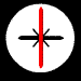 Circular white icon with black crosshair and red line rotating clockwise through five positions against black background.