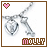 Animated sequence of a silver necklace with heart and key pendants, pink pixelated hearts in top corners, brown border, 'molly' text at bottom.