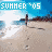 Pixelated beach scene with two figures on sand, blue sky background, and 'SUMMER '05' text in top-left corner.