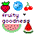 Pixel art fruit-themed icon set with strawberry, blueberry, cherries, watermelon slice, and text "fruity goodness" in colorful blocky letters on white background.