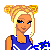 Pixelated cheerleader icon with blonde hair in buns, blue and white uniform, holding a pom-pom; six 'Cheer' text variations below on white background.