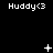 Pixelated white text "Huddy<3" on black background with animated sparkles and dots appearing in sequence across three
