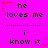 A bright pink background displays repeated text 'he loves me' and 'i know it' with alternating star decorations in red and pink.