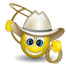 Animated sequence of a yellow smiley face wearing a light brown cowboy hat with a dark band, holding a golden lasso in various positions against a white background.